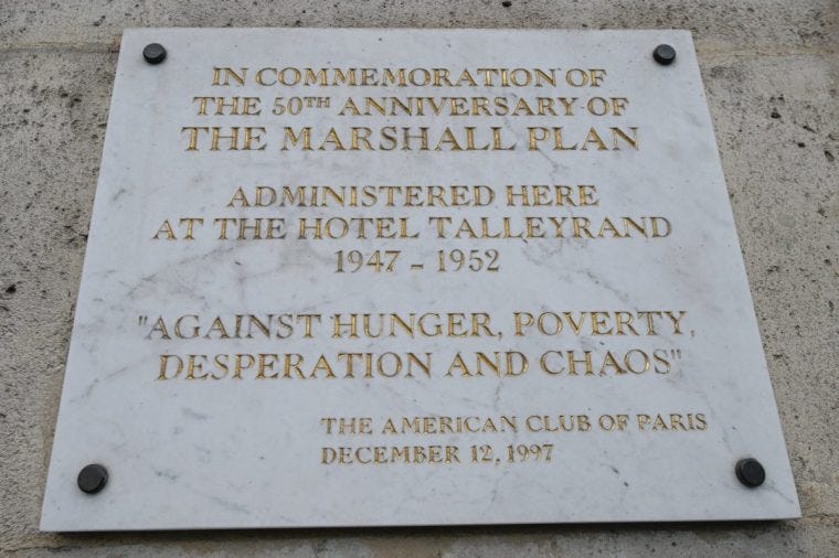 PARIS, FRANCE - JULY 15: A historic plaque commemorating the 50th anniversary of the Marshall Plan, on July 15, 2024, in Paris France. (Photo by Artur Widak/NurPhoto via Getty Images)