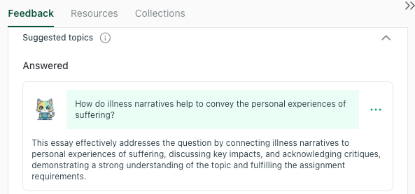 Screenshot of thesify feedback confirming that a student essay effectively connects illness narratives to personal experiences of suffering, demonstrates conceptual understanding, and sustains theoretical framing throughout the response.