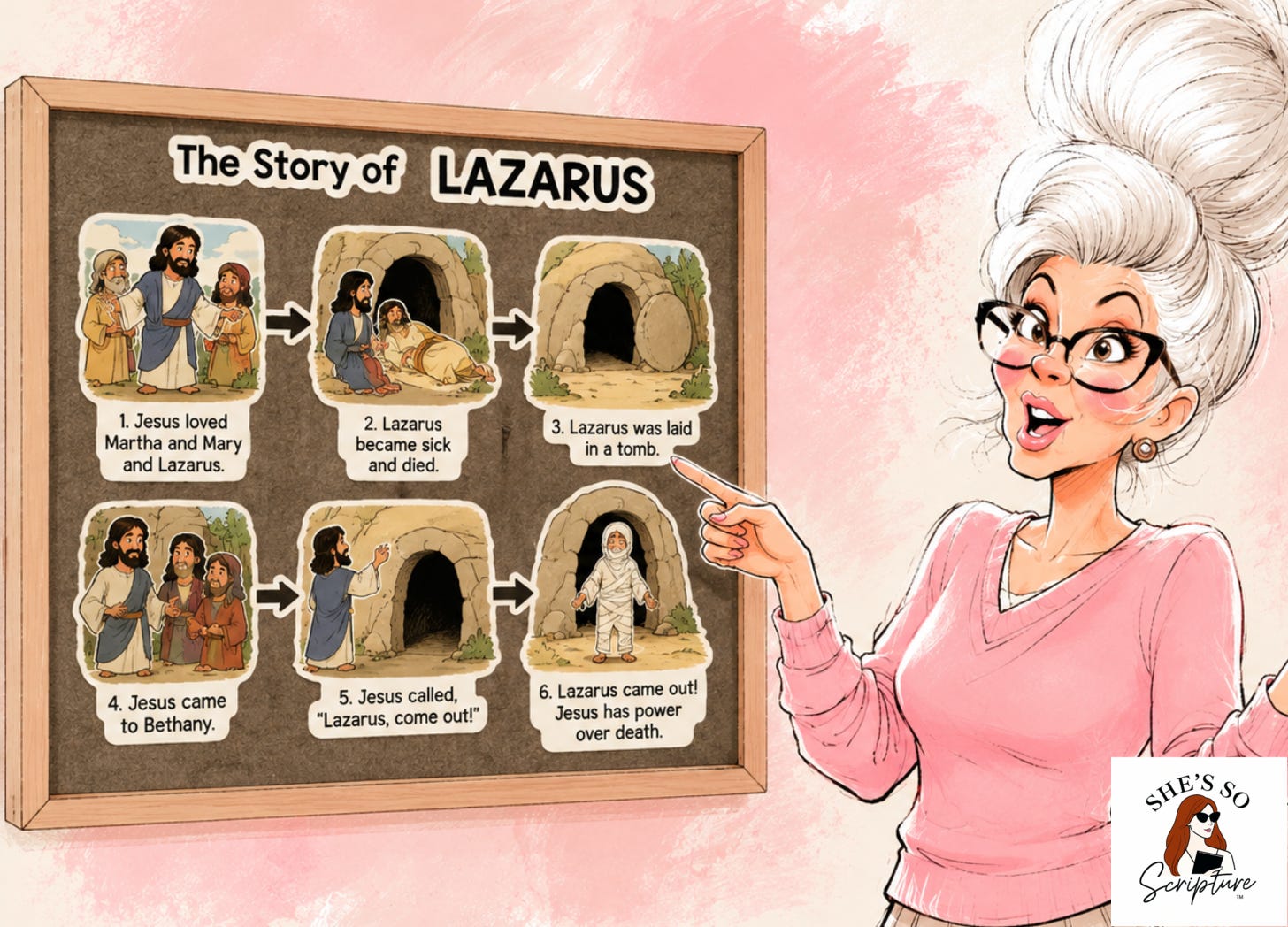 Cartoon illustration of Miss Patty, a white-haired Sunday school teacher with teased hair, cat-eye glasses, and a pink sweater, pointing enthusiastically at a brown flannel board titled "The Story of Lazarus" with six illustrated panels showing Jesus, the tomb, and Lazarus emerging wrapped in burial cloths, set against a blush pink watercolor background. Cartoon illustration of Miss Patty, a white-haired Sunday school teacher with teased hair, cat-eye glasses, and a pink sweater, pointing enthusiastically at a brown flannel board titled "The Story of Lazarus" with six illustrated panels showing Jesus, the tomb, and Lazarus emerging wrapped in burial cloths, set against a blush pink watercolor background.