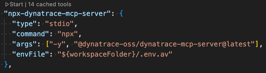 Dynatrace MCP server configuration snippet in mcp.json. Above the MCP server name is the word “Start”. Click on that to start the Dynatrace MCP server.