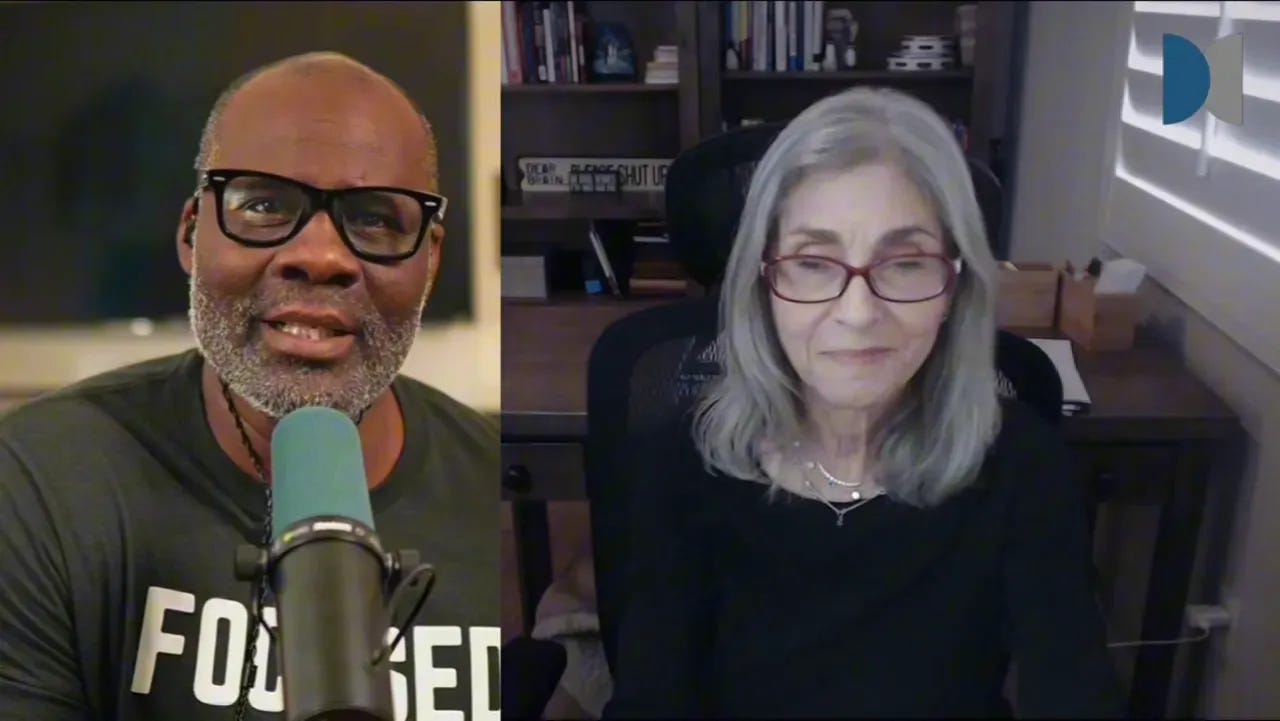 Split-screen view of two hosts smiling during a discussion about return on investment; left host speaking into a microphone, right host listening from a home office Split-screen view of two hosts smiling during a discussion about return on investment; left host speaking into a microphone, right host listening from a home office