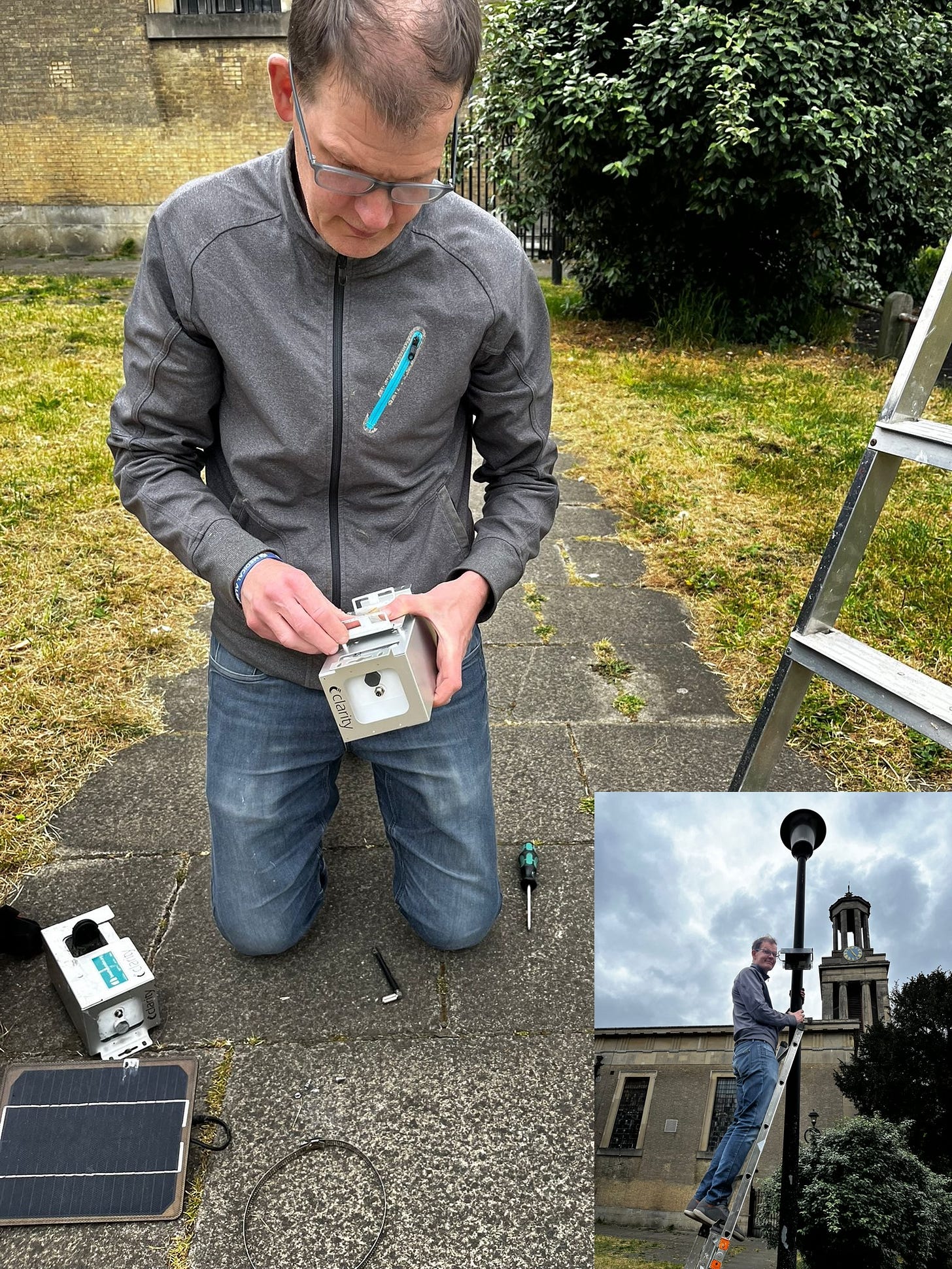 Photo of a man fixing electronics with a screwdriver, with an inset photo of a man on a ladder