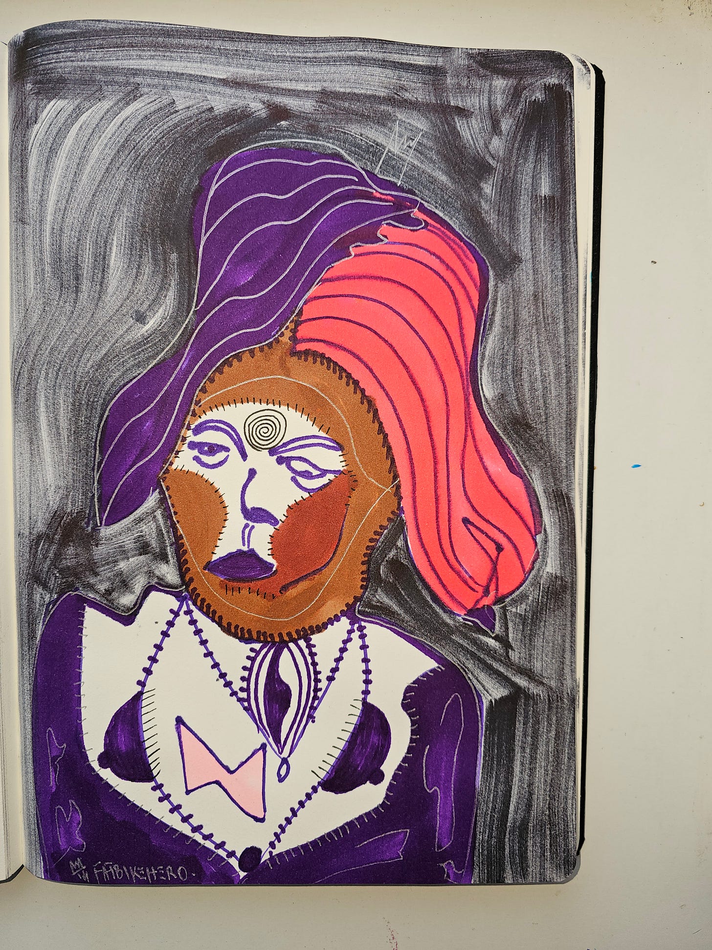 A colorful, expressionist marker drawing of Dr. Fei-Fei Li by FatbikeHero. She has a segmented, stitched face with a spiral symbol on her forehead representing a third eye. She wears a vibrant purple and neon-pink headdress. A small crown is sketched above her head. The style is raw and illustrative.