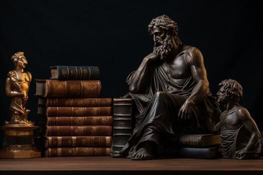 Academia vintage library greek sculpture old books.Generative AI photo Academia vintage library greek sculpture old books.Generative AI photo