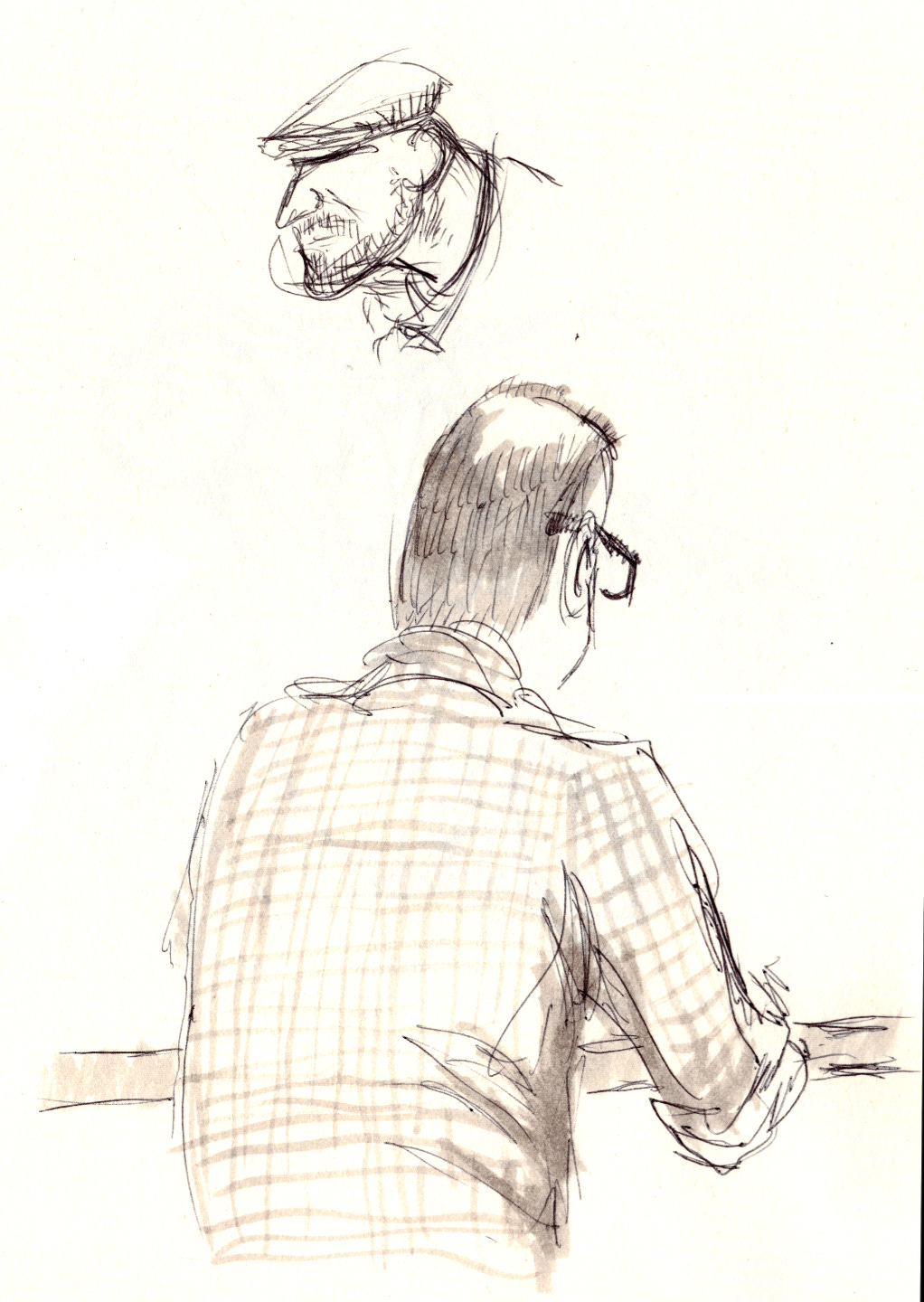 Ballpoint and wash sketches of people at a coffee shop.
