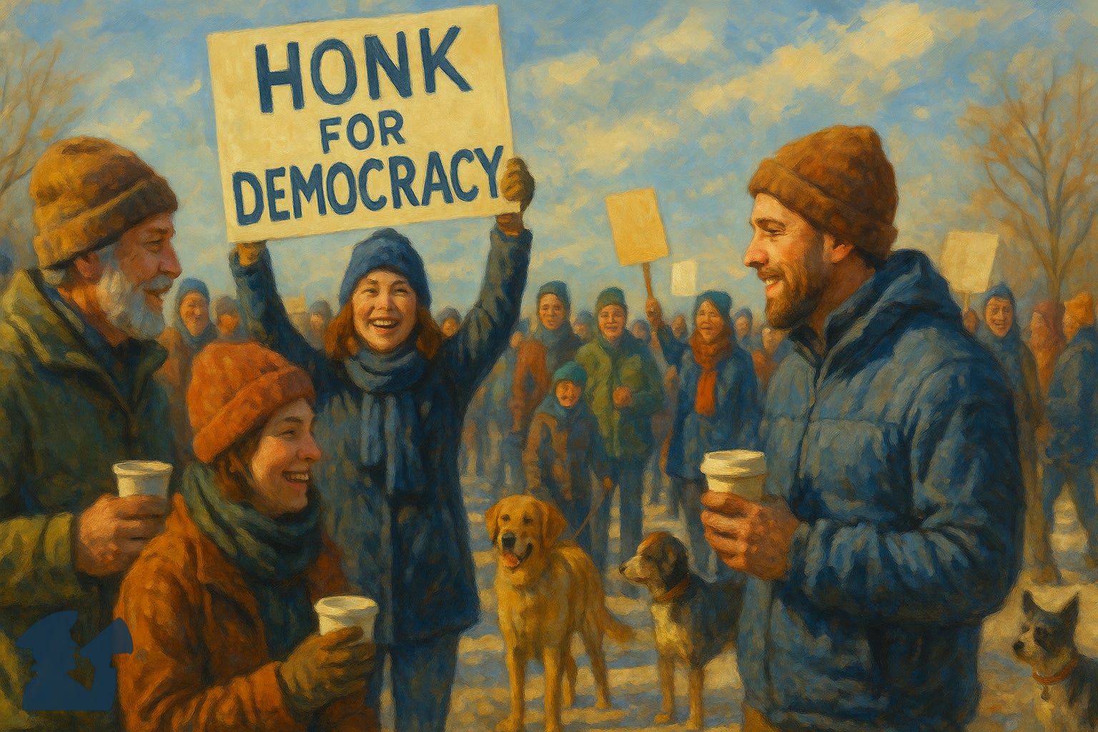 Illustration of happy protesters chatting over coffee Illustration of happy protesters chatting over coffee