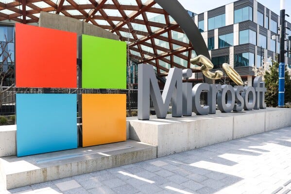 A Microsoft sign and logo are displayed at the company's headquarters April 4, 2025, in Redmond, Wash. (AP Photo/Jason Redmond, File) A Microsoft sign and logo are displayed at the company's headquarters April 4, 2025, in Redmond, Wash. (AP Photo/Jason Redmond, File)