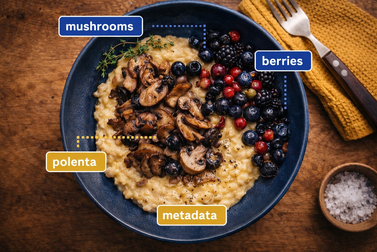 Overhead view of a foraged mushroom and berry dish on a table, with visual labels identifying elements like season, ingredients, technique, and meal type, illustrating how recipe metadata describes what the dish is.Overhead view of a foraged mushroom and berry dish on a table, with visual labels identifying elements like season, ingredients, technique, and meal type, illustrating how recipe metadata describes what the dish is.