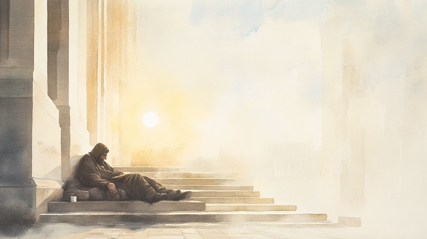 Homeless person in church steps