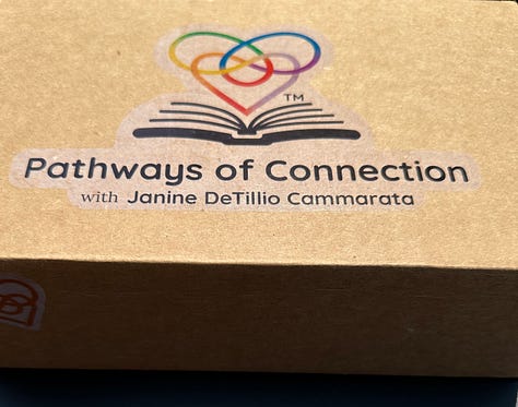 journal and supplies in cardboard box