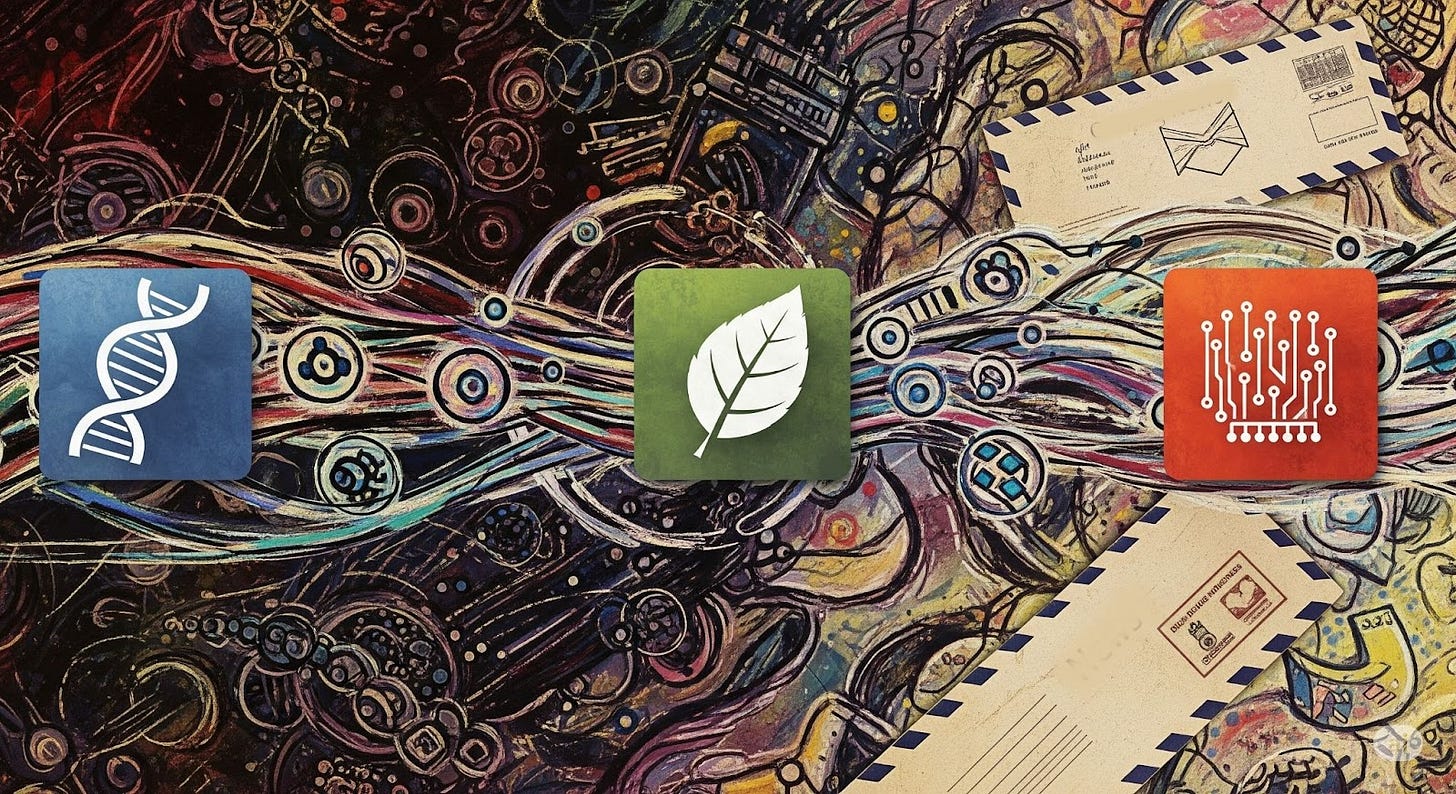 Abstract image with symbols of DNA, a leaf, and a computer chip.