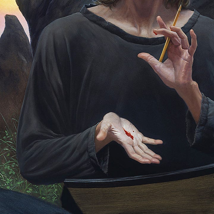 LEFT: Detail from PATRICK featuring the artist with eyes that are pure white and an inward focused expression. His high hollow cheeks, thin beard, and shoulder length hair give him a Christ-like appearance. He wears a plain dark shirt with a loose hemmed opening at the neck that partially reveals his shoulders. The chords of his neck are taut with strain. RIGHT: Detail from PATRICK featuring the artist’s hands. One is extended palm up with a line of bright red blood. The other is chest level loosely holding a pencil with fingers extended in a reverse C. A dab of blood drips from the middle finger. An oversized book rests in his lap with much of it implied off panel.