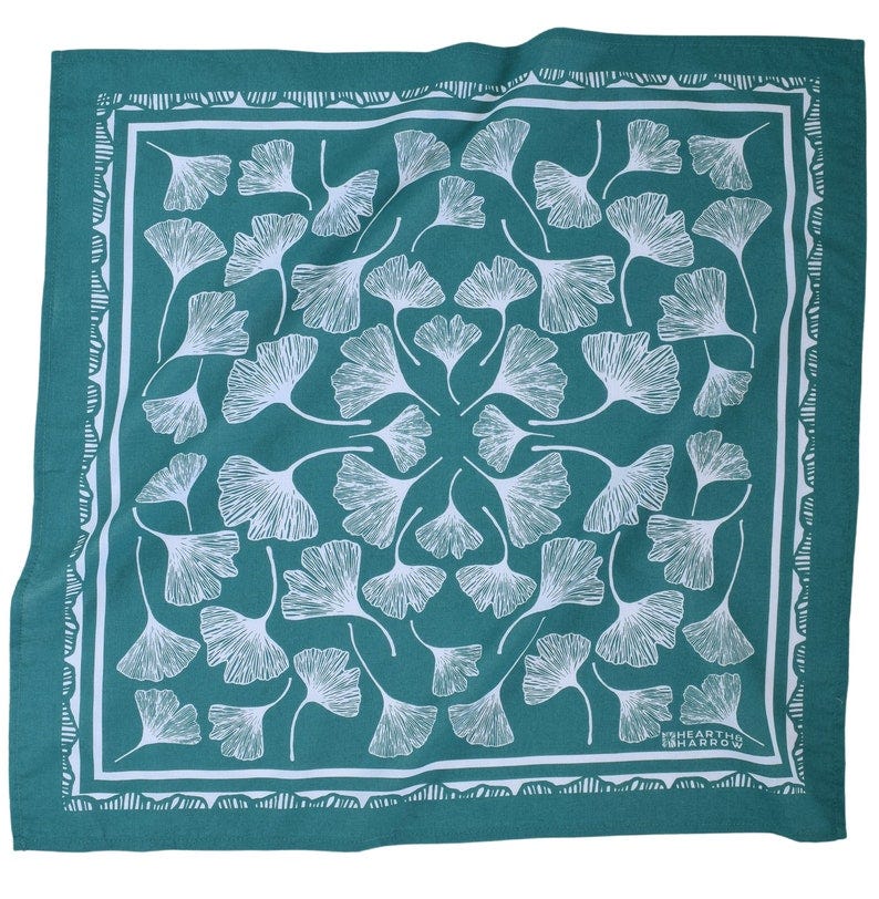 Ginkgo Leaf Bandana 100% Cotton Handkerchief Dark Green Hand Screen Printed Soft and Washable Ginkgo Biloba Hair Scarf image 1