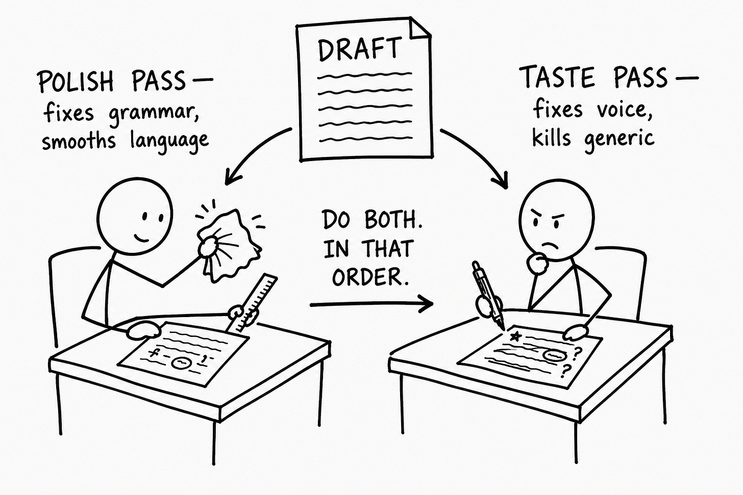 Hand-drawn black-marker whiteboard sketch showing two stick figures editing the same DRAFT at adjacent desks. Left figure (smiling) holds a polish cloth and ruler — labeled POLISH PASS, fixes grammar, smooths language. Right figure (suspicious frown) holds a red pen over the same draft — labeled TASTE PASS, fixes voice, kills generic. An arrow between them reads "DO BOTH. IN THAT ORDER." Illustrates the two distinct editing passes most AI-assisted writing workflows collapse into one: surface polish vs editorial taste.