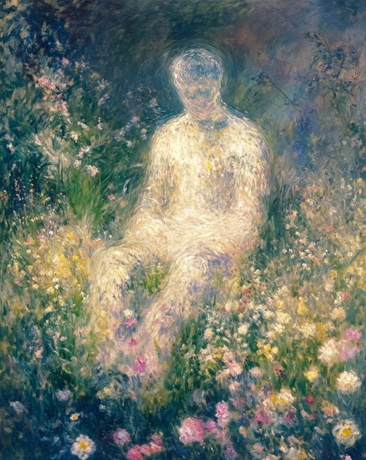 This may contain: a painting of a person sitting in a field of flowers
