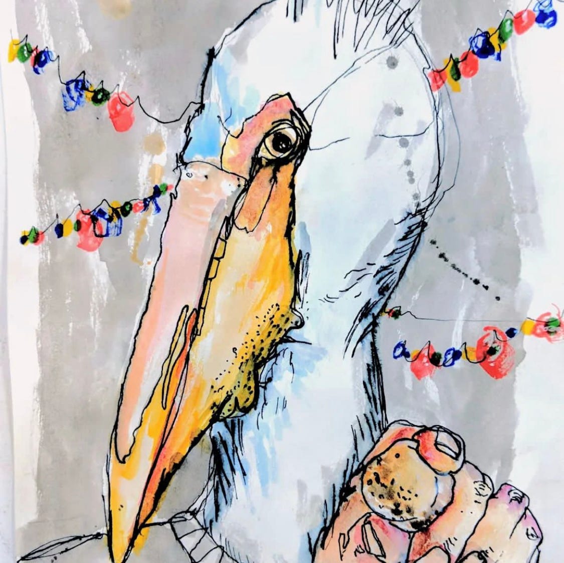 a pelican in a sweater holds a scallop with christmas lights behind him a pelican in a sweater holds a scallop with christmas lights behind him