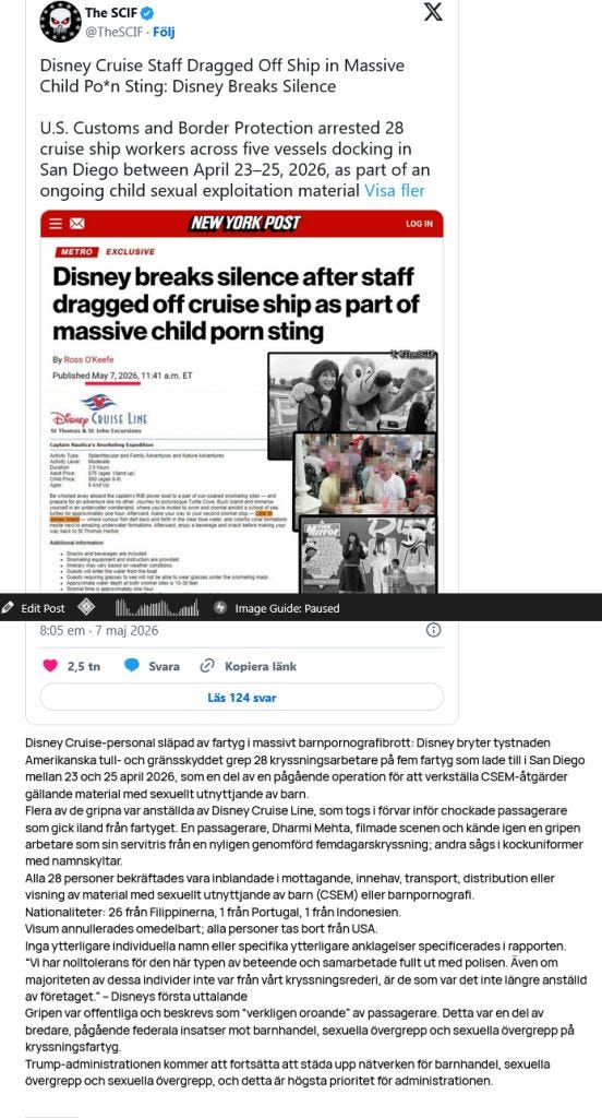 Un artículo del New York Post sobre el arresto de empleados de Disney Cruise Line en San Diego como parte de una investigación sobre pornografía infantil.