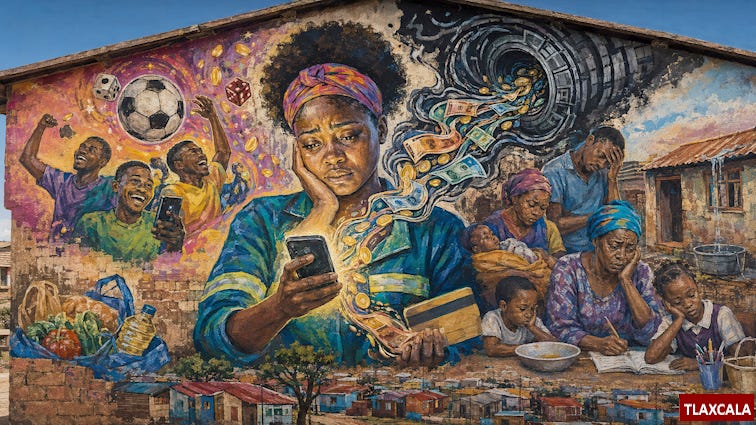 Gran mural pintado en el lateral de un edificio. En el centro, una mujer con pañuelo en la cabeza mira tristemente un teléfono móvil mientras sostiene papeles o facturas. Corrientes de billetes y monedas salen de su teléfono y entran en un túnel o una bóveda oscura. A la izquierda, unos jóvenes celebran alrededor de un teléfono, un balón de fútbol, dados y monedas, sugiriendo el atractivo de las apuestas. A la derecha, mujeres y niños aparecen cansados y preocupados junto a una vivienda humilde; un niño hace los deberes y un bebé está en brazos. El mural expresa el impacto de las apuestas en línea sobre los hogares y la pobreza.