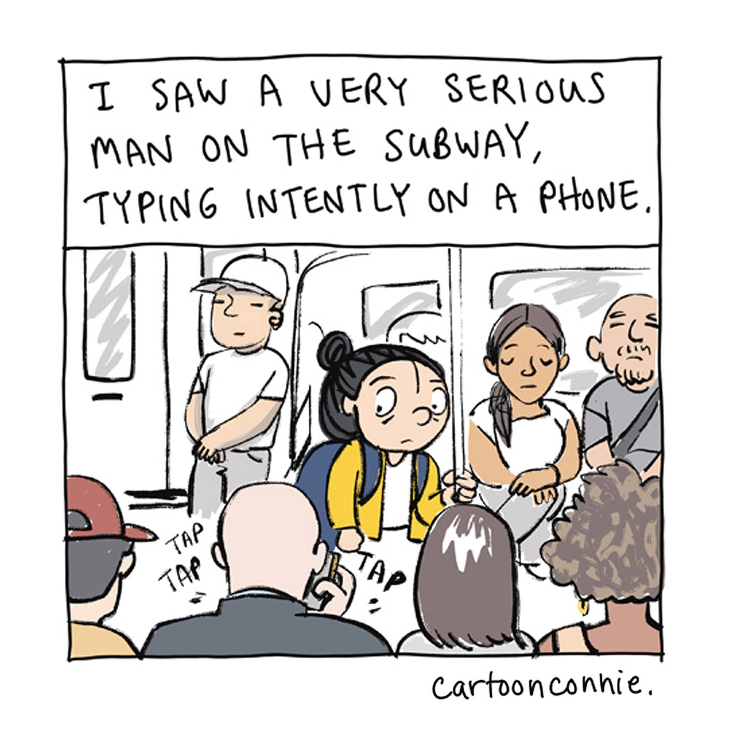 Panel 1/6 of a humorous comic strip illustrating a girl with a bun, riding the New York City subway and observing a man in a suit, intensely playing a game on his phone. Titled "A Very Serious Man," 2026, by Connie Sun, cartoonconnie.