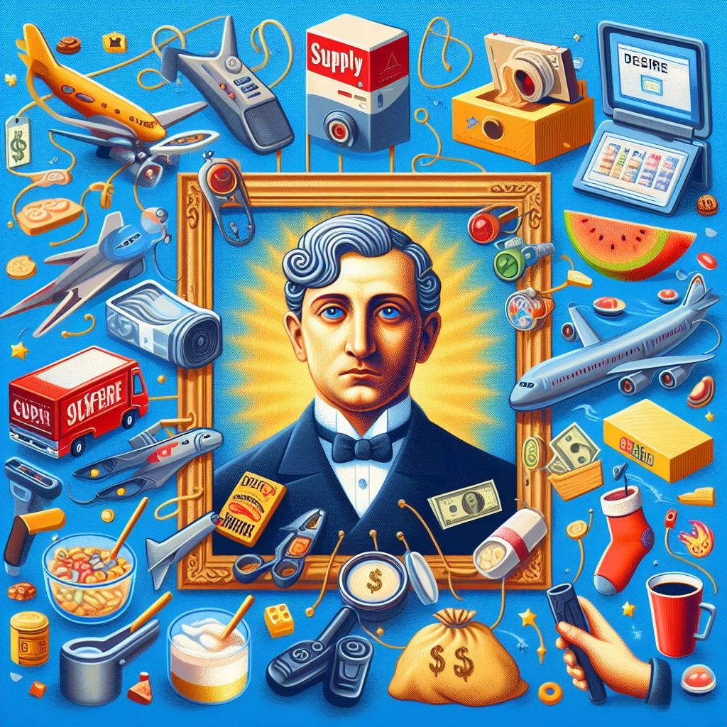 image to accompany a fun and engaging blog post about the history and dynamics of supply, demand, desire, and innovation.  digital art