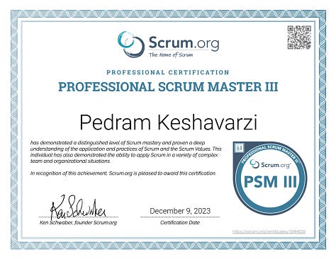 Pedram Keshavarzi's Professional Agile, Scrum, Kanban, Product Management Certificates