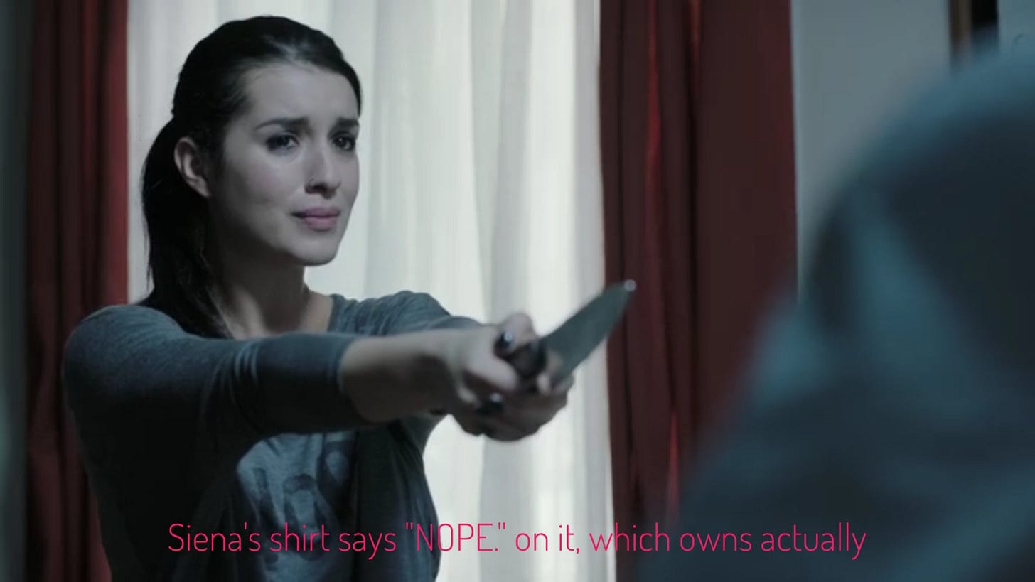 Siena brandishing a knife at DJ, captioned "Siena's shirt says 'NOPE.' on it, which owns actually"