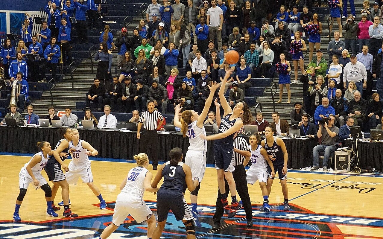 Photo: Danny Karwoski / Wikimedia Commons (CC BY-SA 3.0) Doug Bruno Court at McGrath-Phillips Arena, hosting a game between the DePaul Blue Demons women's basketball team and the Connecticut Huskies. Screamin' Demons Pep Band in stands.