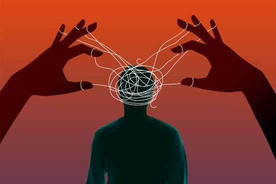 illustration of gaslighting two large hands twirl string around a the head of a figure in silhouette