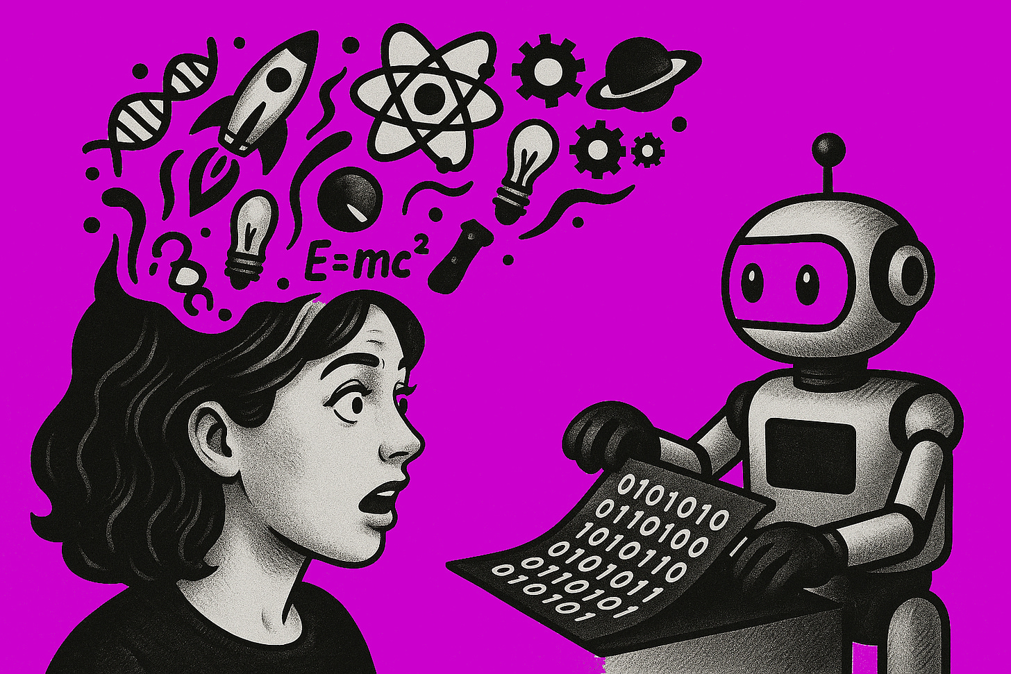 image by AI using ChatGPT.  A woman has scientific and data ideas coming out of her head. A robot is taking this and pressing it into '101010' data