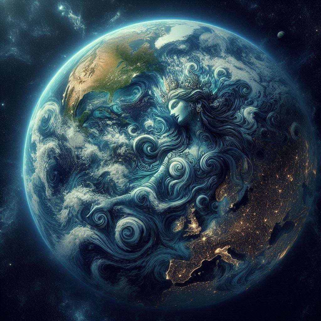 Satellite image detects the Goddess Gaia on the blue marble earth, digital art