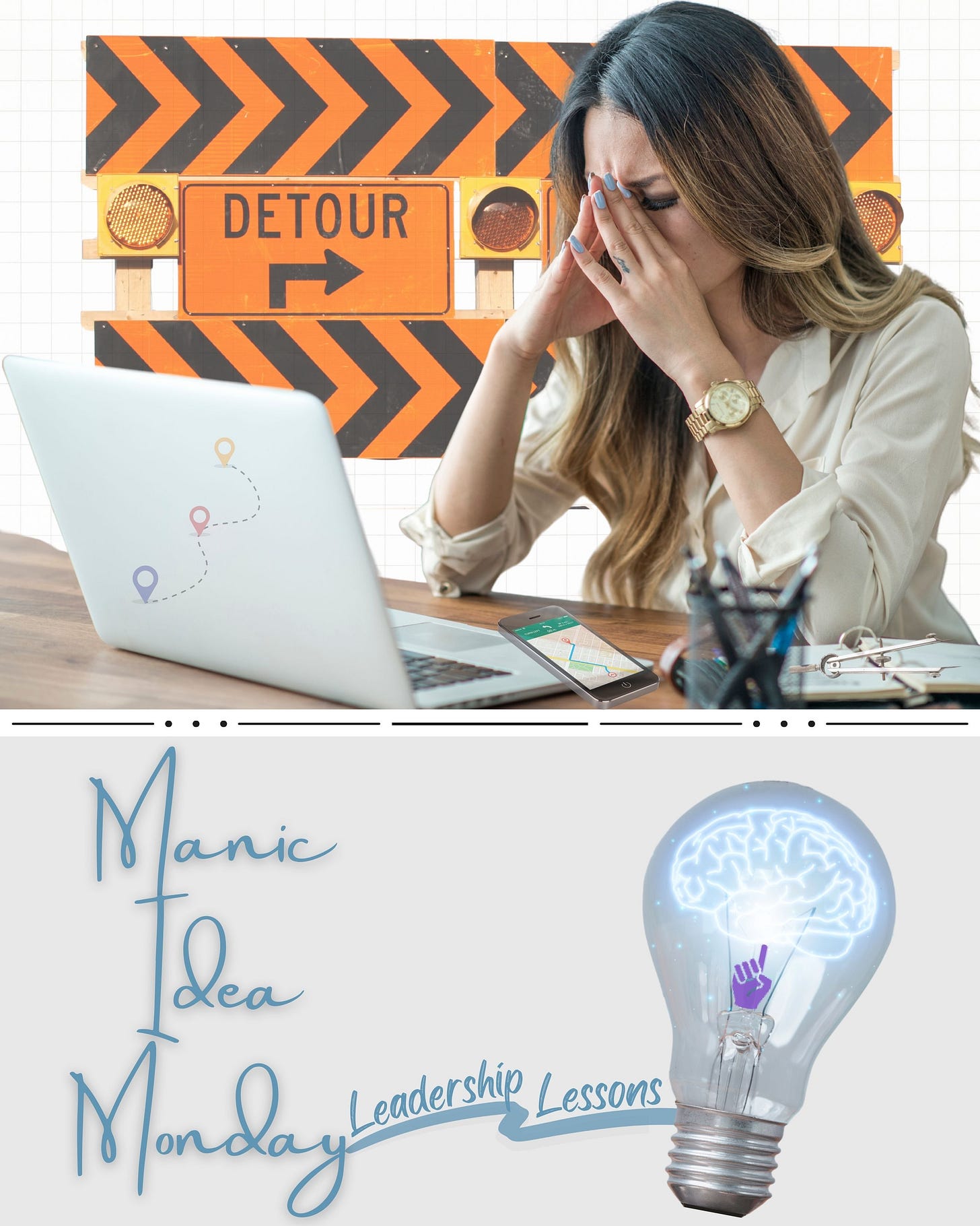 woman sitting at laptop in front of detour sign representing detoured career woman sitting at laptop in front of detour sign representing detoured career