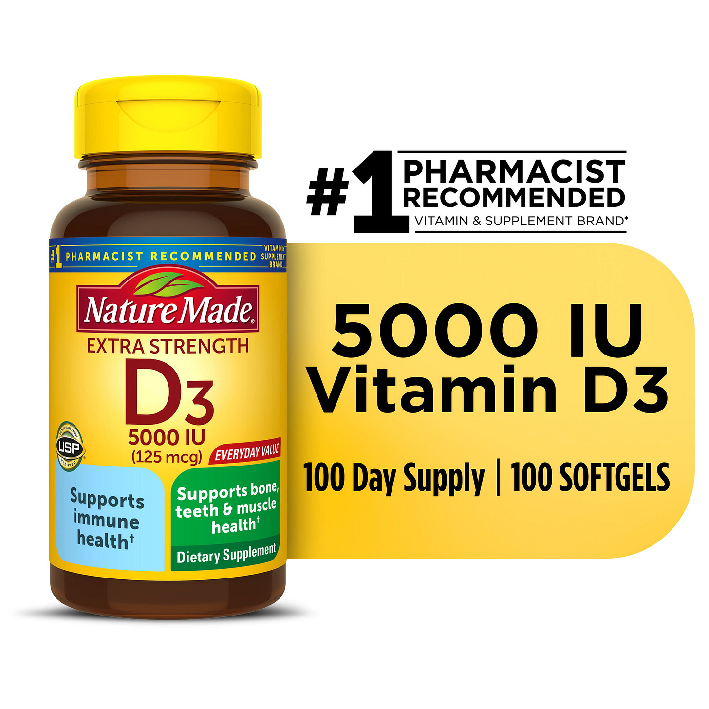 Nature Made Vitamin D3 5000 IU Softgels, 100 Count, Vitamin D, Dietary  Supplements, Extra Strength - Walmart.com
