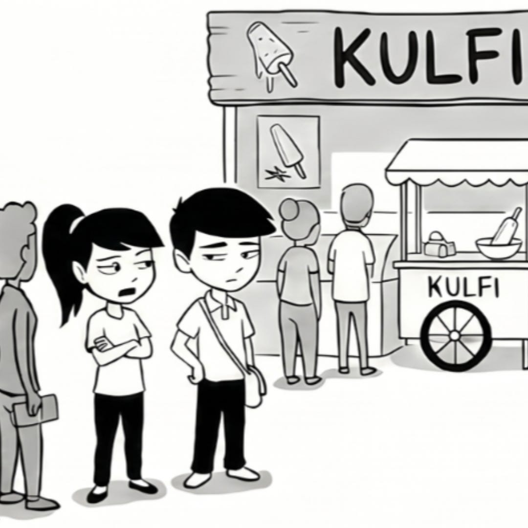 Zara and Jay wait in a long line for kulfi.