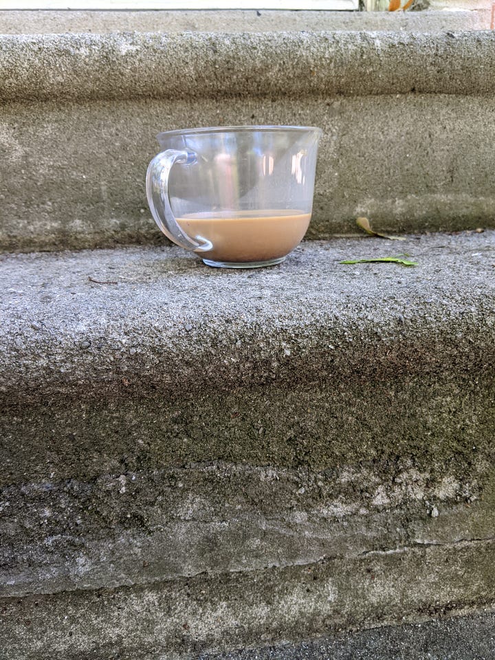 My coffee cup on the back step that is only used as a table or chair, watering can and garden shoes, Mother Poke, Blue Sky