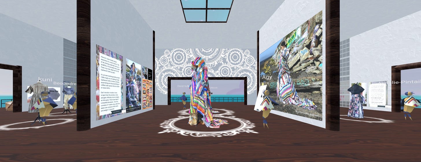 Snapshot of Mira's Textile Art Climate Gallery during the opening night. Avatars of gallery visitors browsing different sections of the virtual gallery.