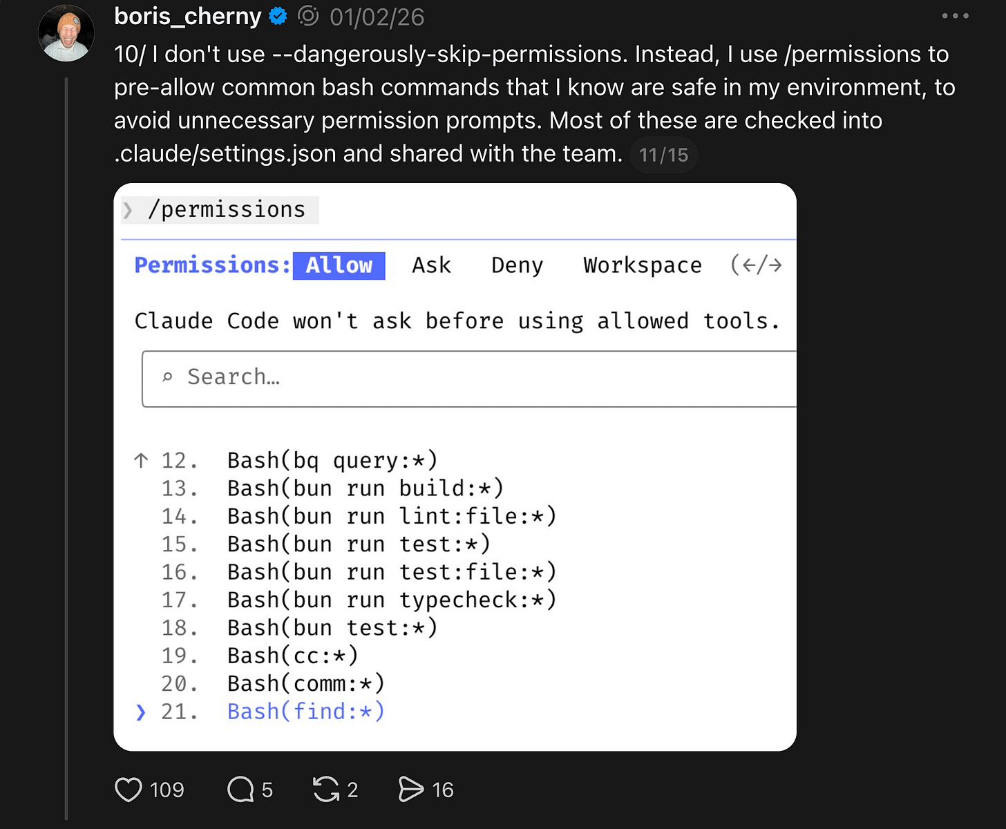 Boris using /permissions instead of dangerously-skip