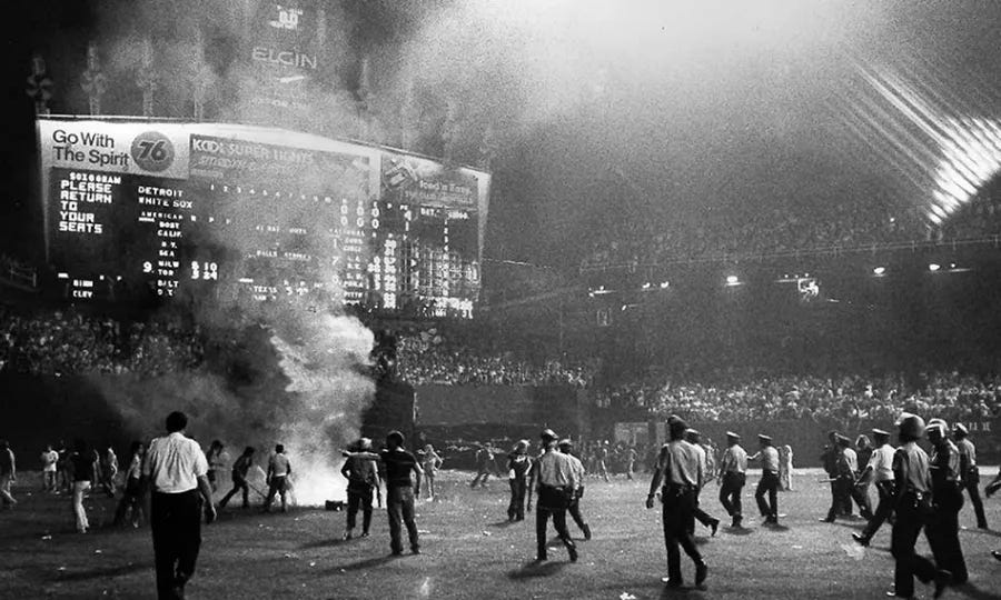 Rioters on baseball field of Comiskey Park during 1979's Disco Demolition Night