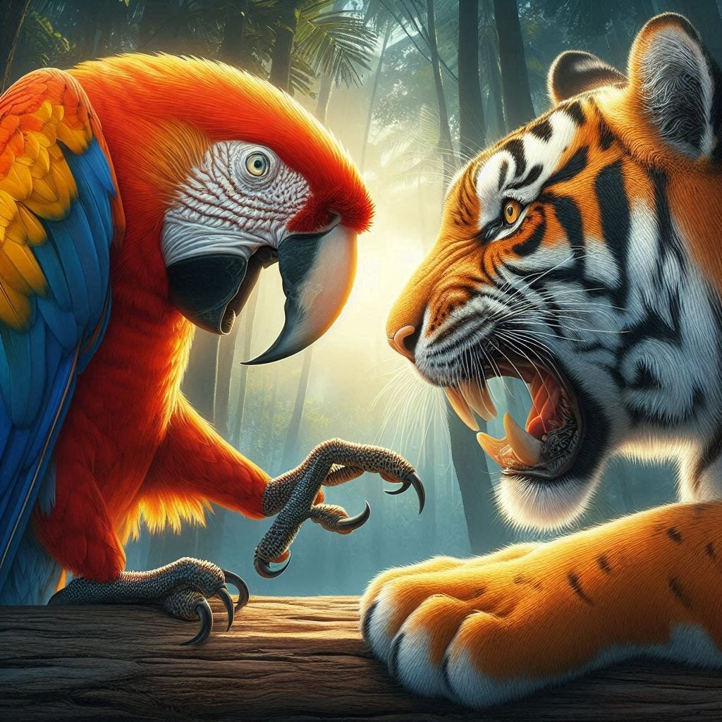 a scarlet macaw and a bengal tiger arguing over which one of them is more beautiful photorealistic