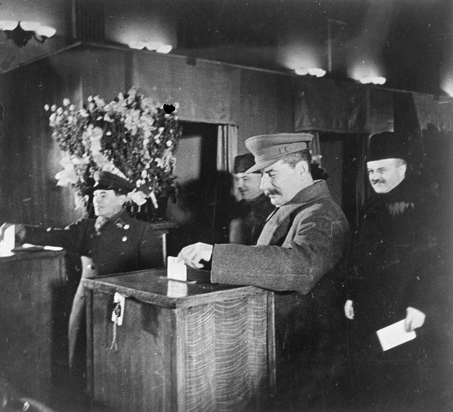 Joseph Stalin casting his vote in the 1937 Supreme Soviet election, where the CPSU coalition secured 99% of the vote. Joseph Stalin casting his vote in the 1937 Supreme Soviet election, where the CPSU coalition secured 99% of the vote.