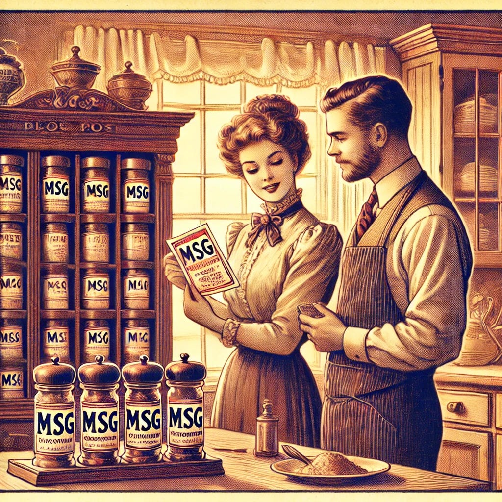A vintage-style illustration for a blog post cover, depicting a couple in an old-timey, elegant kitchen. The scene shows a man and a woman standing by a spice rack filled with various seasoning containers, including a prominent one labeled 'MSG'. They are in a moment of discussion, with the woman holding a seasoning packet and the man looking at it thoughtfully. The kitchen has a classic early 20th-century aesthetic, with wooden cabinetry and a large window. The overall tone is warm and inviting, capturing a moment of connection and understanding between the couple.
