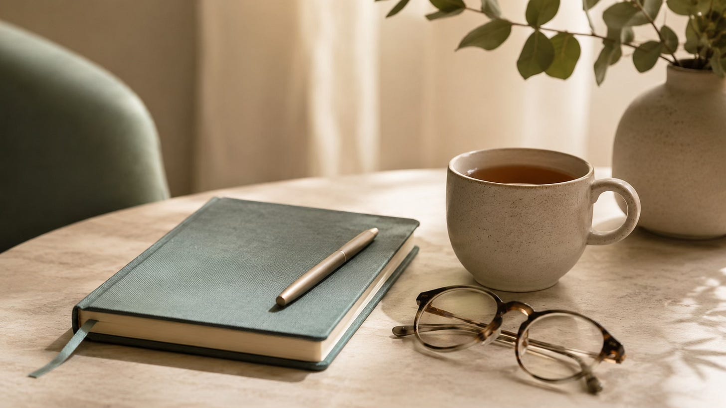 Calm desk scene with notebook, pen, tea, and reading glasses, representing self-reflection and a softer relationship with the inner critic.