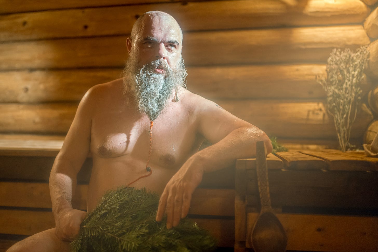 Bearded man in sauna