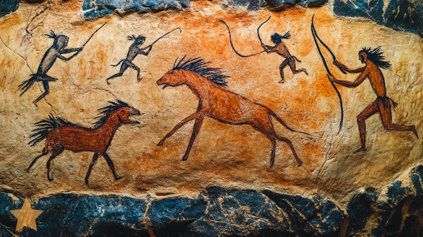 Midjourney prompt: cave art of humans hunting animals, photo taken with Hasselblad X1D, colors of burnt orange and air superiority blue Midjourney prompt: cave art of humans hunting animals, photo taken with Hasselblad X1D, colors of burnt orange and air superiority blue