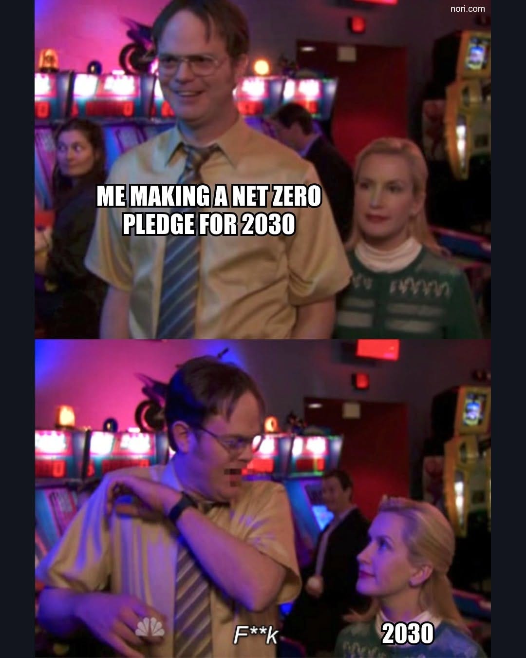 Two stills of Dwight from The Office at a party. Top, grinning: "Me making a net zero pledge for 2030." Bottom, alarmed, beside Angela labelled "2030": "F**k".