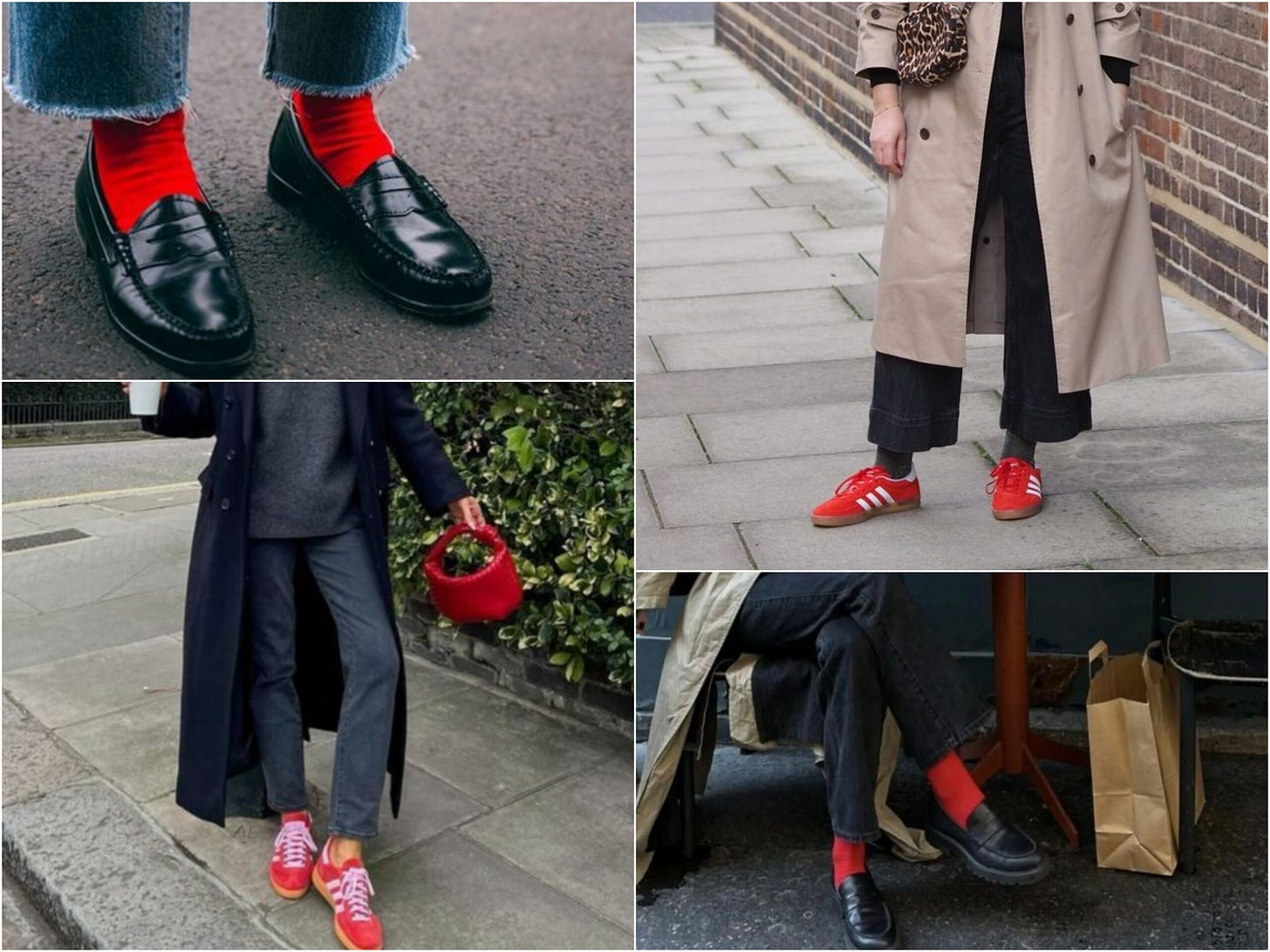 colaj cu tinute in nuante neutre si ciorapi sau incaltari colorate