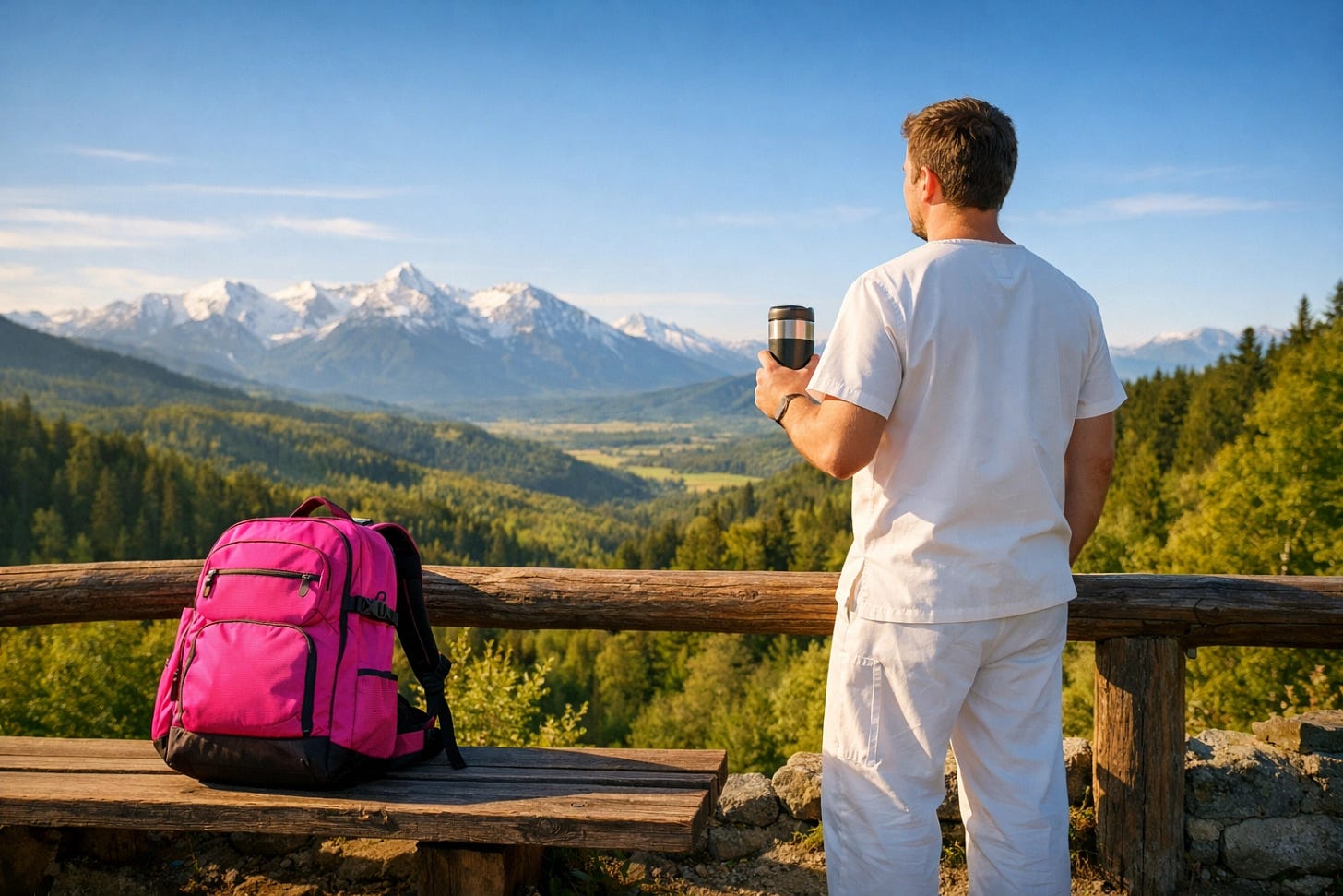 A male travel nurse standing at a scenic mountain overlook during a spring assignment in the Mountain West.