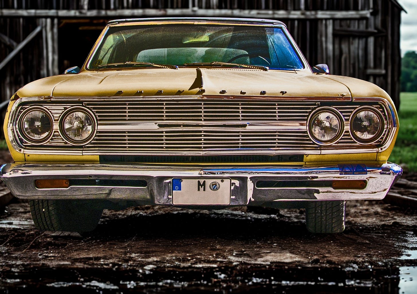 An old car outside a barn
