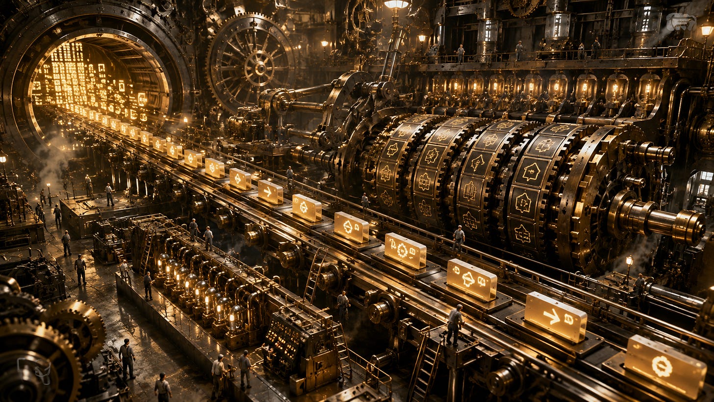 Glowing blocks move along a massive, intricate steampunk assembly line managed by small workers. Glowing blocks move along a massive, intricate steampunk assembly line managed by small workers.