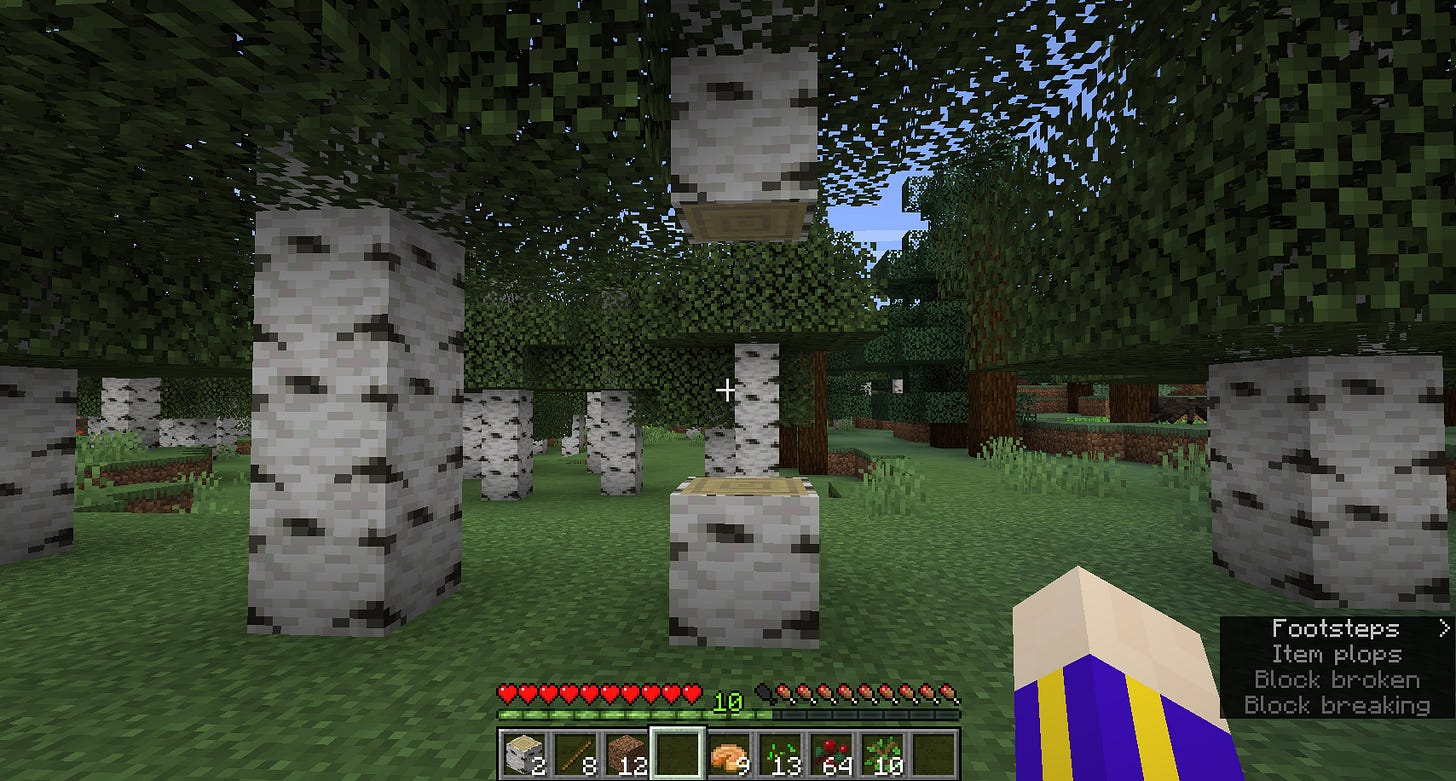 View in Minecraft of birch tree with 2 logs punched out (and the top of the tree floating above the gap) View in Minecraft of birch tree with 2 logs punched out (and the top of the tree floating above the gap)