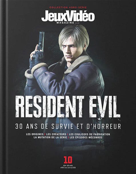 Cover of Jeux Vidéo Magazine: Resident Evil – 30 Ans de Survie et d’Horreur, featuring Leon S. Kennedy holding a handgun in a dark, gritty setting. The text celebrates 30 years of the Resident Evil franchise, highlighting its origins, creators, production secrets, series evolution, and lesser-known entries. The bold title and intense character pose emphasize the survival horror legacy.
